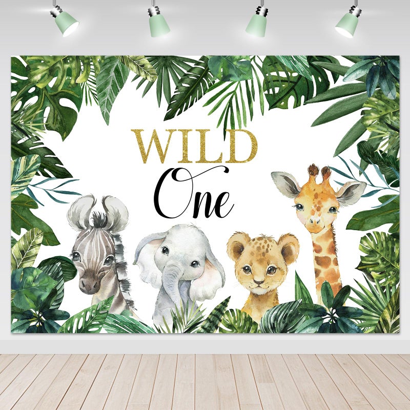 Mocsicka Safari Wild One Backdrop Safari Animal First Birthday Party Background Jungle Boy 1st Birthday Party Decorations Photography Background (7x5ft) - Image 1